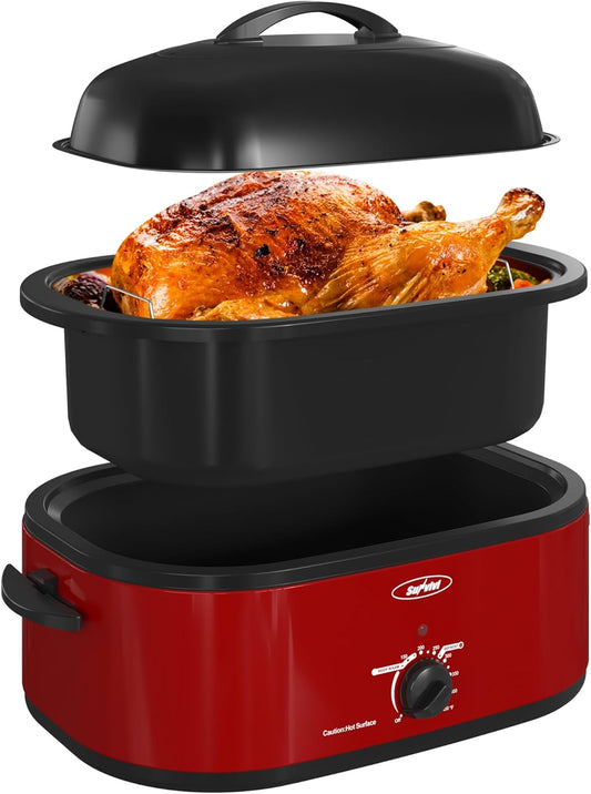 Sunvivi Roaster Oven with Self-Basting Lid,18 Quart Electric Roaster with Removable Pan & Rack,150-450°F Full-Range Temperature Control with Defrost/Warm Function,Stainless Steel,Red