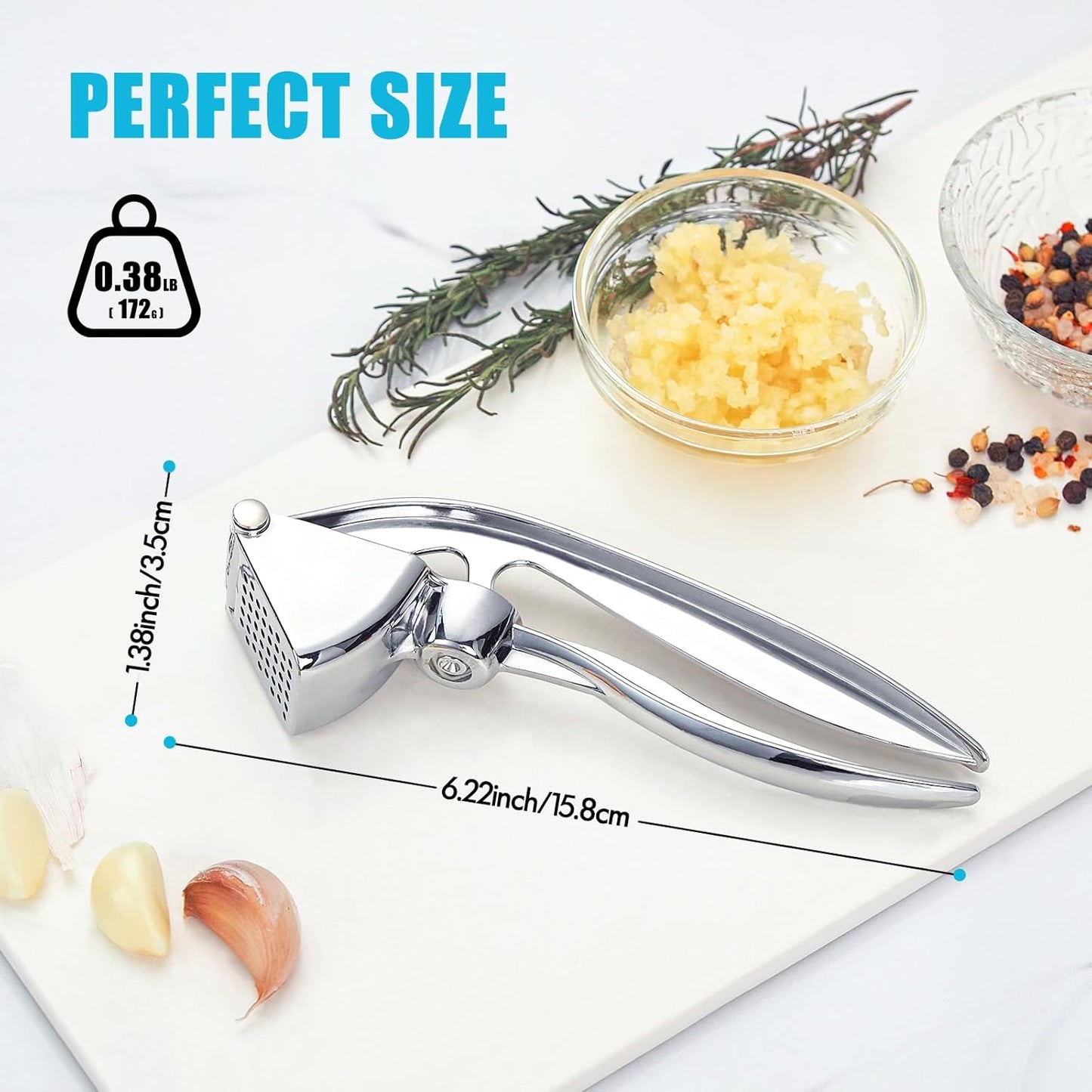 Garlic Press, Premium Kitchen Garlic Mincer Tool, Rust Proof & Dishwasher Safe, Heavy Duty Professional Metal Garlic Crusher with Ergonomic Handle, Easy to Squeeze and Clean -Silver