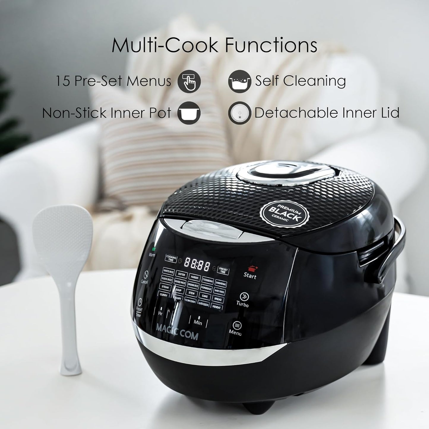 MAGiC COM Rice Cooker, 20 Cup(Cooked) 10 Cup(Uncooked) One Touch Healthy Cooking with 15 Menu Modes, Nonstick Inner Pot, Steamer Basket, Auto Clean, 24 Hour Delay Timer and Auto Keep Warm (Black)