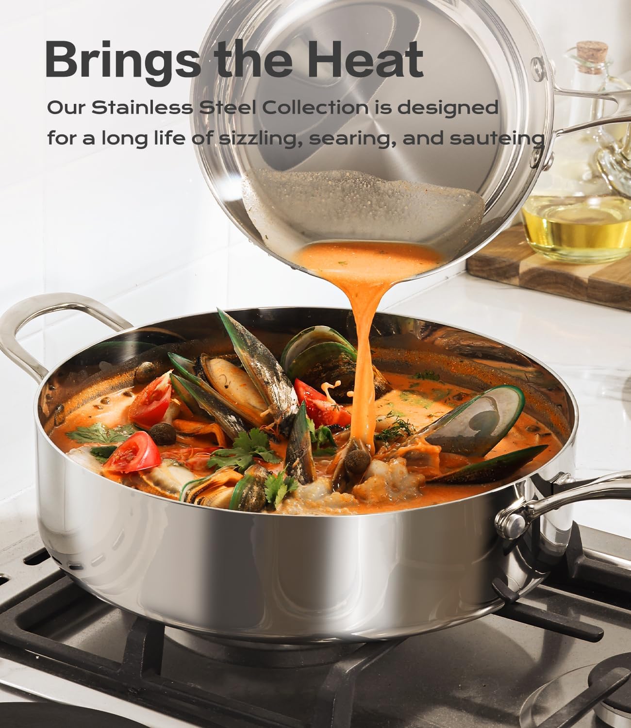 12 Inch Stainless Steel Frying Pan with Lid, Tri-ply Stainless Steel Saute Pan 5.5 QT, PFOA & PTFE Free Induction Compatible Cooking Skillet, Dishwasher & Oven Safe Up to 600℉ Large Capacity Cookware