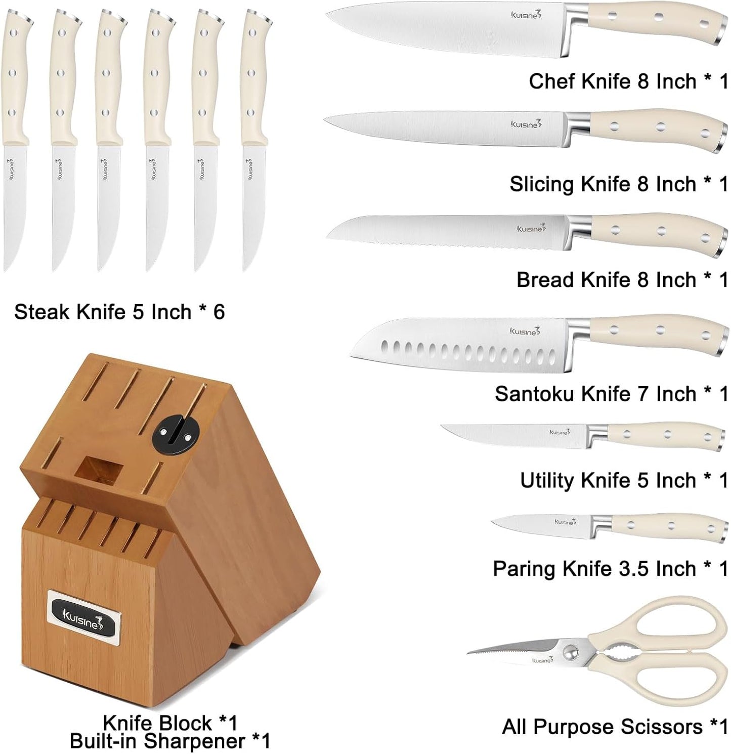 Kuisine Kitchen Chef Knife Block Set,High Carbon Stainless Steel Razor-Sharp Blade Ergonomic Handle,Sharp Knife Set with Built-in Sharpener,Elegant Gift(Irovy-Acacia,15pcs)