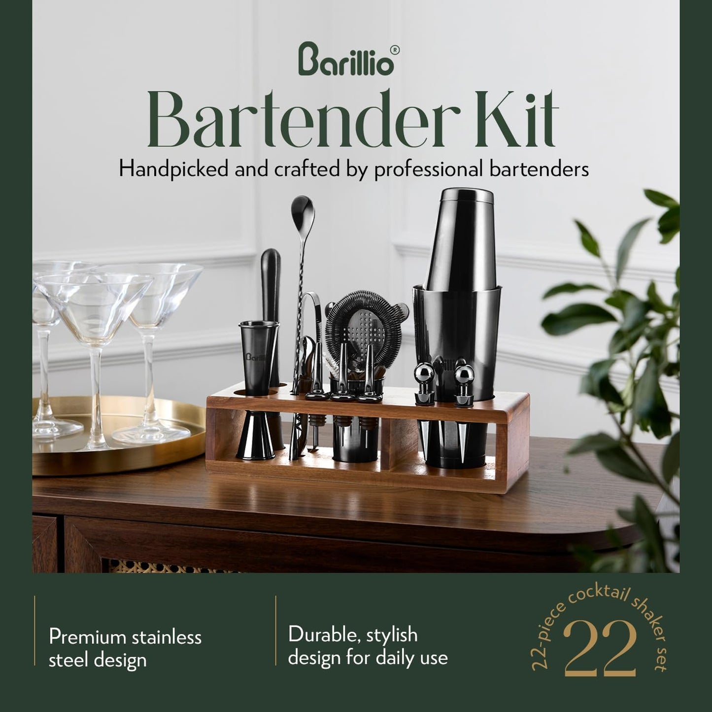 Barillio Black Bartender Kit – 23-Piece Stainless-Steel Cocktail Shaker Set with Premium Acacia Stand | Martini Barware Mixing Tools for Home Bartending | Gift Set