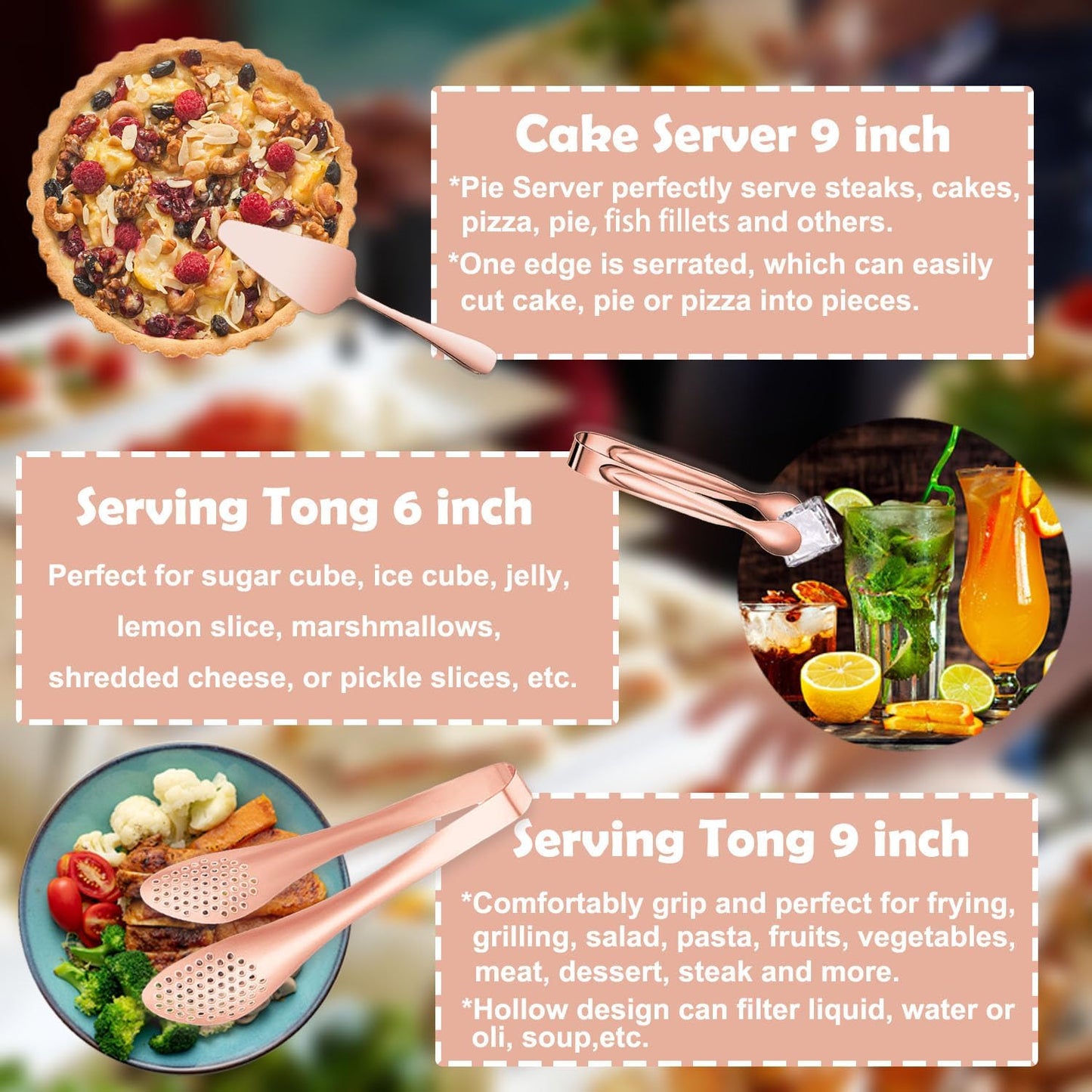 11 PCS Serving Utensils, Large Stainless Steel Spoons Forks Tongs, Pie Server, Great for Hostess Buffet Catering Banquet Party, Rose Gold