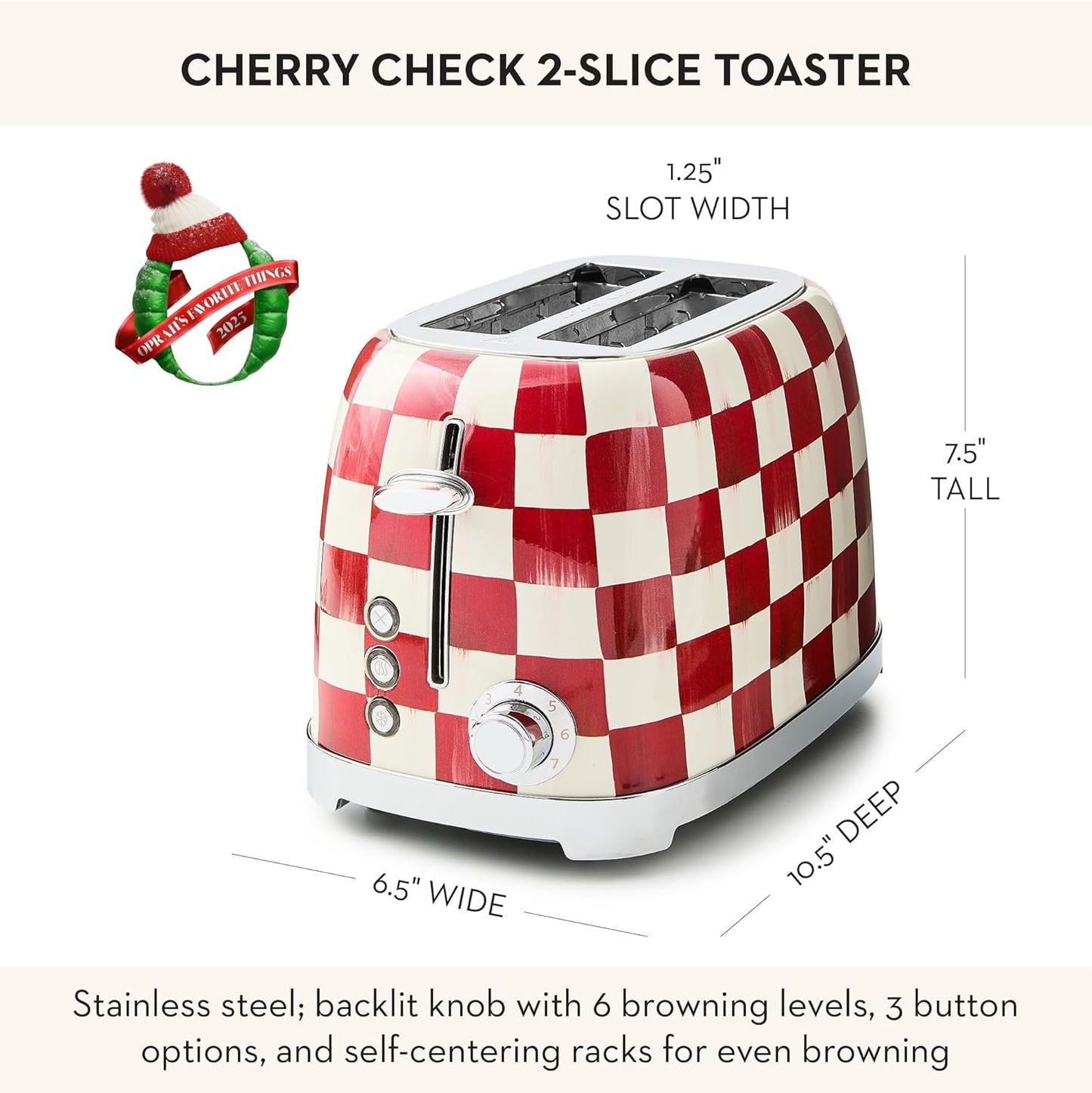 MACKENZIE-CHILDS 2-Slice Toaster, Decorative Toaster for Kitchen, Red-and-White Cherry Check