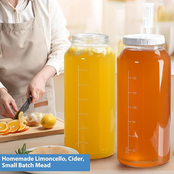 1 Pack 2 Gallon Large Fermentation Jar w Scale Mark, Wide Mouth Glass Jar with Airtight SCREW Lid and 2 Airlocks, 7600ML Wine Making Kit for Beer Cider Kombucha, Pickle Jar for Sauerkraut