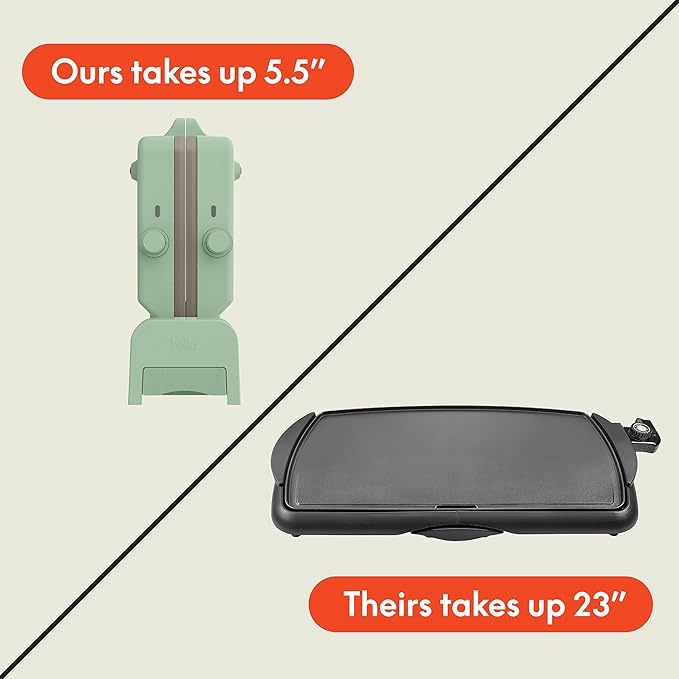 Bella 10"x 20" Ceramic Fold-n-Store Dual Temp Griddle, Fits-anywhere™ Kitchenware, EverGood Ceramic Nonstick Coating, 2 Temperature Zones up to 400°F, Dishwasher Safe Drip Tray, 1500 Watt, Seaglass