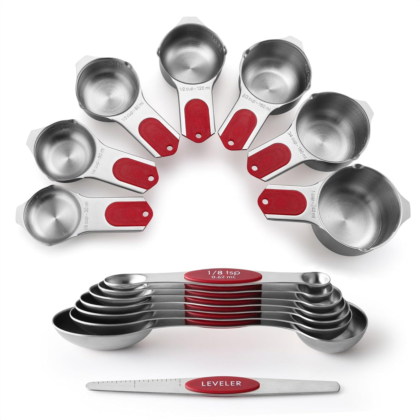 Spring Chef Magnetic Measuring Cups & Spoons Set, Patented, Strong N45 Magnets, Heavy Duty Stainless Steel Fits in Spice Jars for Baking & Cooking, BPA Free, Round Set of 15 with Leveler, Red