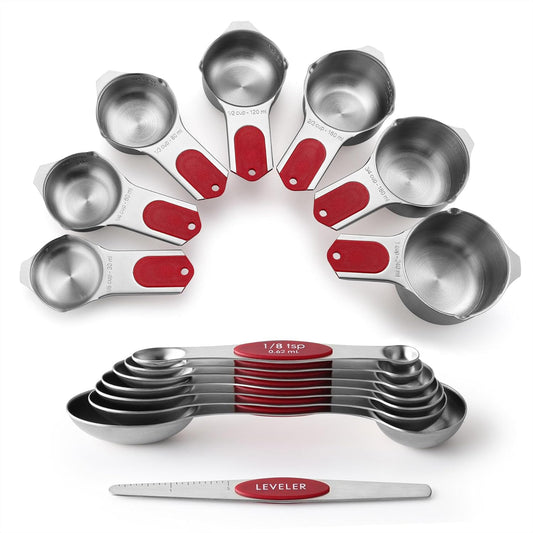 Spring Chef Magnetic Measuring Cups & Spoons Set, Patented, Strong N45 Magnets, Heavy Duty Stainless Steel Fits in Spice Jars for Baking & Cooking, BPA Free, Round Set of 15 with Leveler, Red
