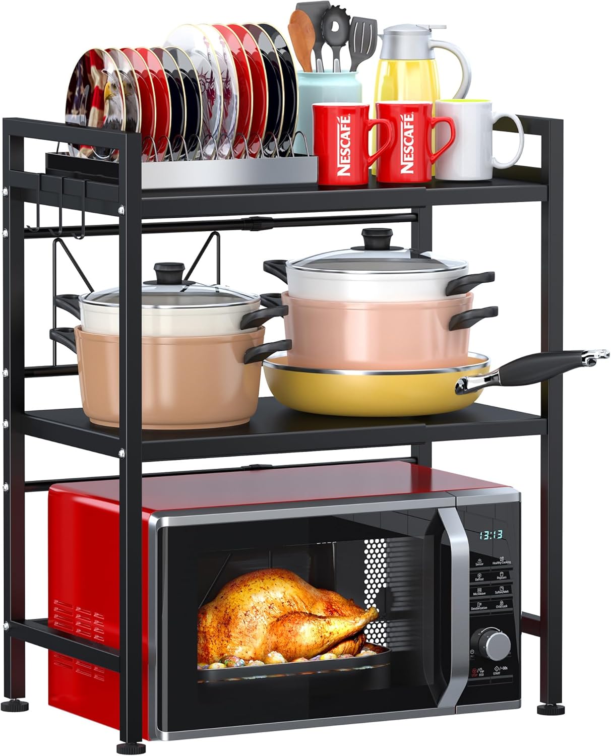 PUSDON Microwave Oven Rack, Adjustable Heavy Duty 3-Tier Shelf with 3 Hooks for Kitchen Counter Top Organizer, Holds 160lbs, Black