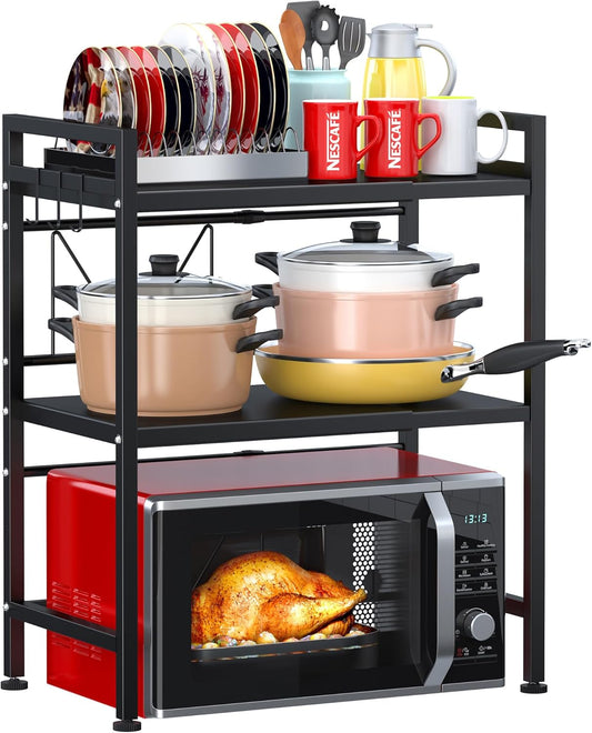 PUSDON Microwave Oven Rack, Adjustable Heavy Duty 3-Tier Shelf with 3 Hooks for Kitchen Counter Top Organizer, Holds 160lbs, Black