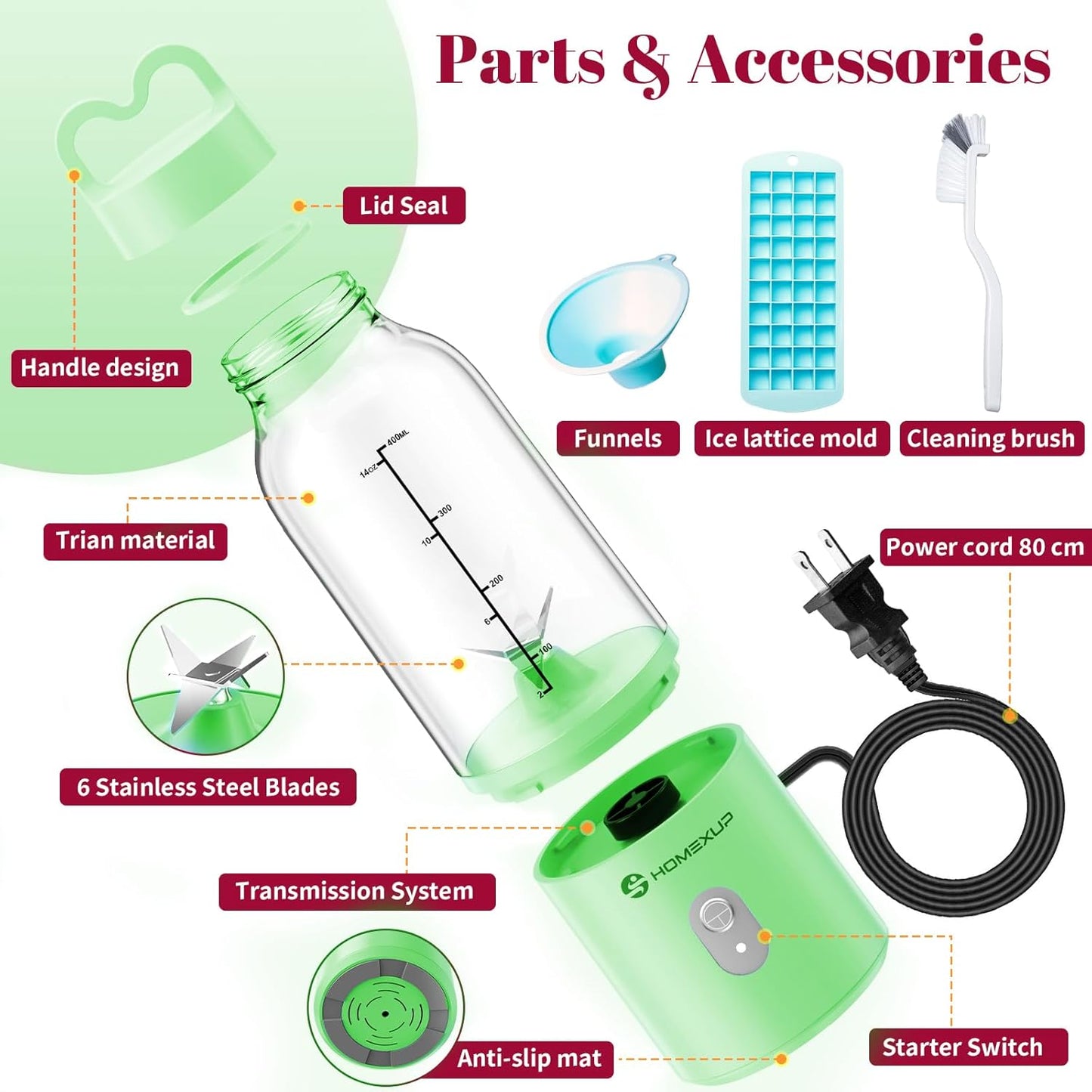 Portable 14OZ Juicer， High-Powered at 175W for Smoothies, Ice Blending, Juicing, and Food Processing ， Compact, Convenient, and Versatile (Green)