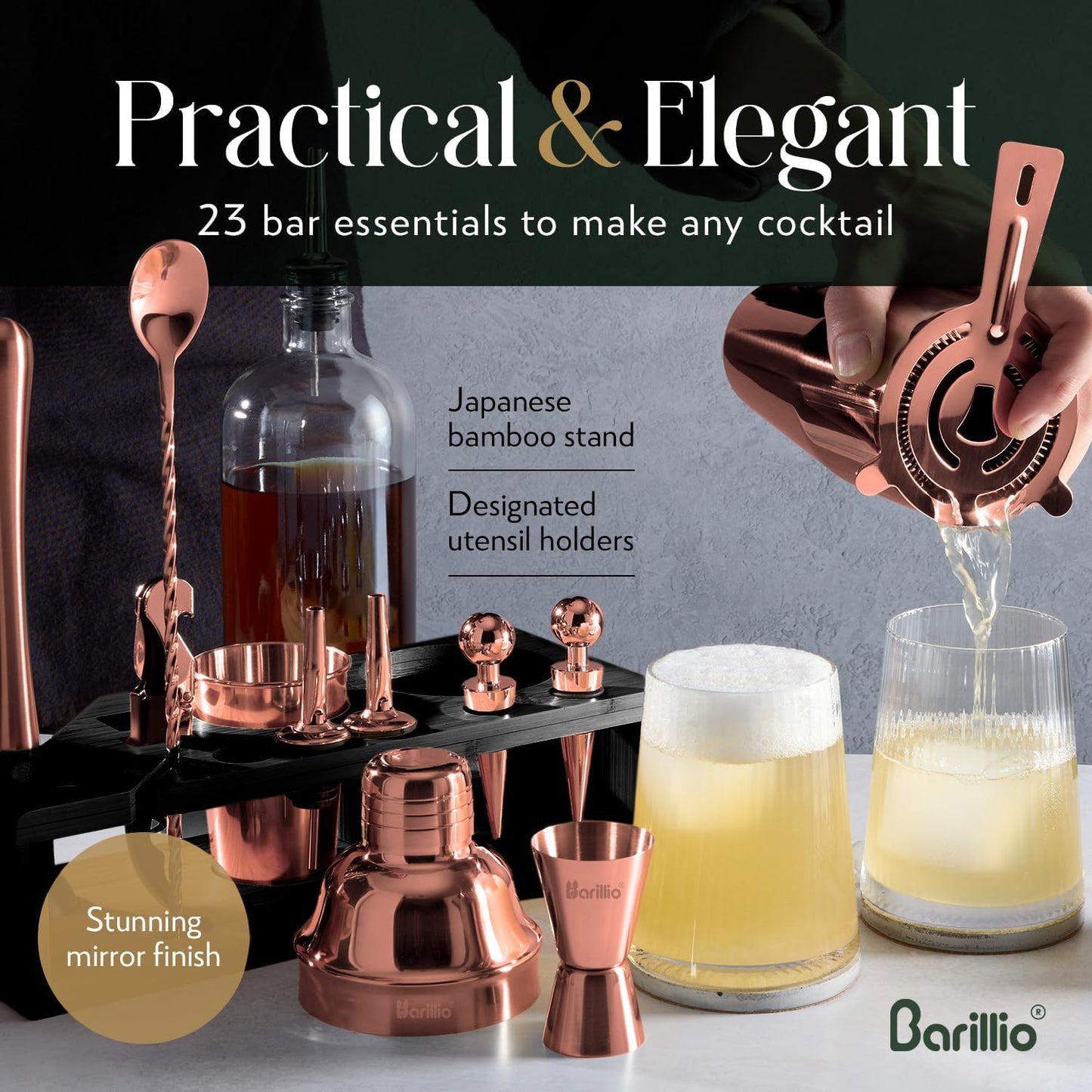 Barillio Rose Gold Bartender Kit - Stainless-Steel Cocktail Shaker Set w/Black Bamboo Stand - Mixology Bar Tools w/Drink Shaker, Mixer, Muddler for Cocktails - Home Bar Accessories - 23-Pc Bar Set