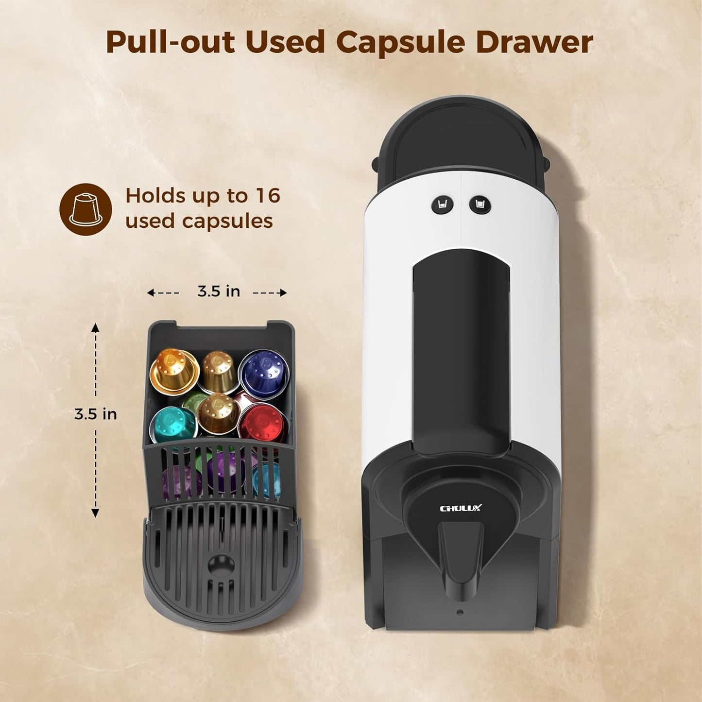 CHULUX Mini Espresso Machine for Nespresso Pod, 20 Bar Single Serve Coffee Maker, 1400W, White