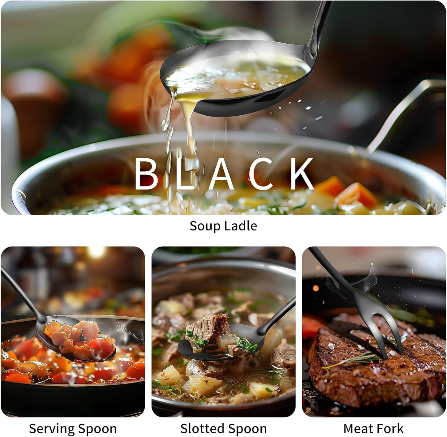 304 Stainlss Steel Matte Kitchen Utensils Set, 11 Pcs Long Metal Cooking Utensil Gadgets Tools Set with Spatula, Ladle, Spoon, Skimmer, Turner, Pasta Server, Tongs(Black, Dishwasher Safe)