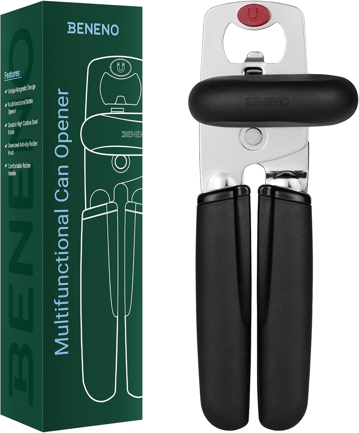 Beneno Heavy Duty Multifunctional Manual Can Opener and Bottle Opener with Magnet, Ultra Sharp High-Carbon Steel Smooth Cutting Blade, Ergonomic Easy to Turn Knob, Soft Non-Slip Rubber Handles, Black