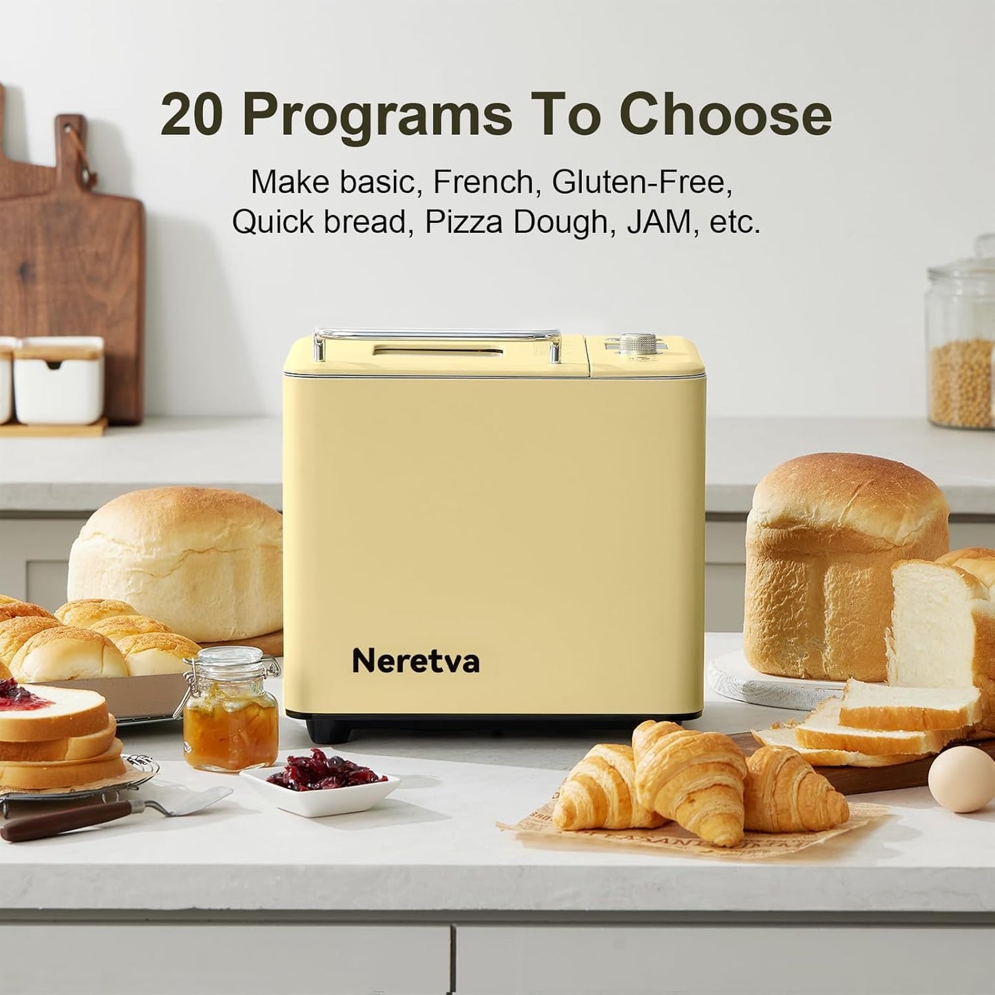 Neretva 20-IN-1 Bread Maker, Dual Heater 2LB Bread Machine All Metal&Nonstick Ceramic Pan Bread Makers Machine Compact for Gluten Free/Dough Maker/Dried Meat Floss/Jam/Yogurt, Breadmaker Recipe-Yellow