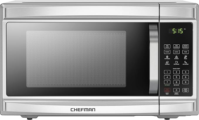 Chefman Countertop Microwave Oven, 1.3 Cu. Ft. Digital, Stainless Steel, 1000 Watts, with 6 Auto Menus, 10 Power Levels, Eco Mode, Memory, Mute Function, Child Safety Lock, Easy Clean Microwave Ovens