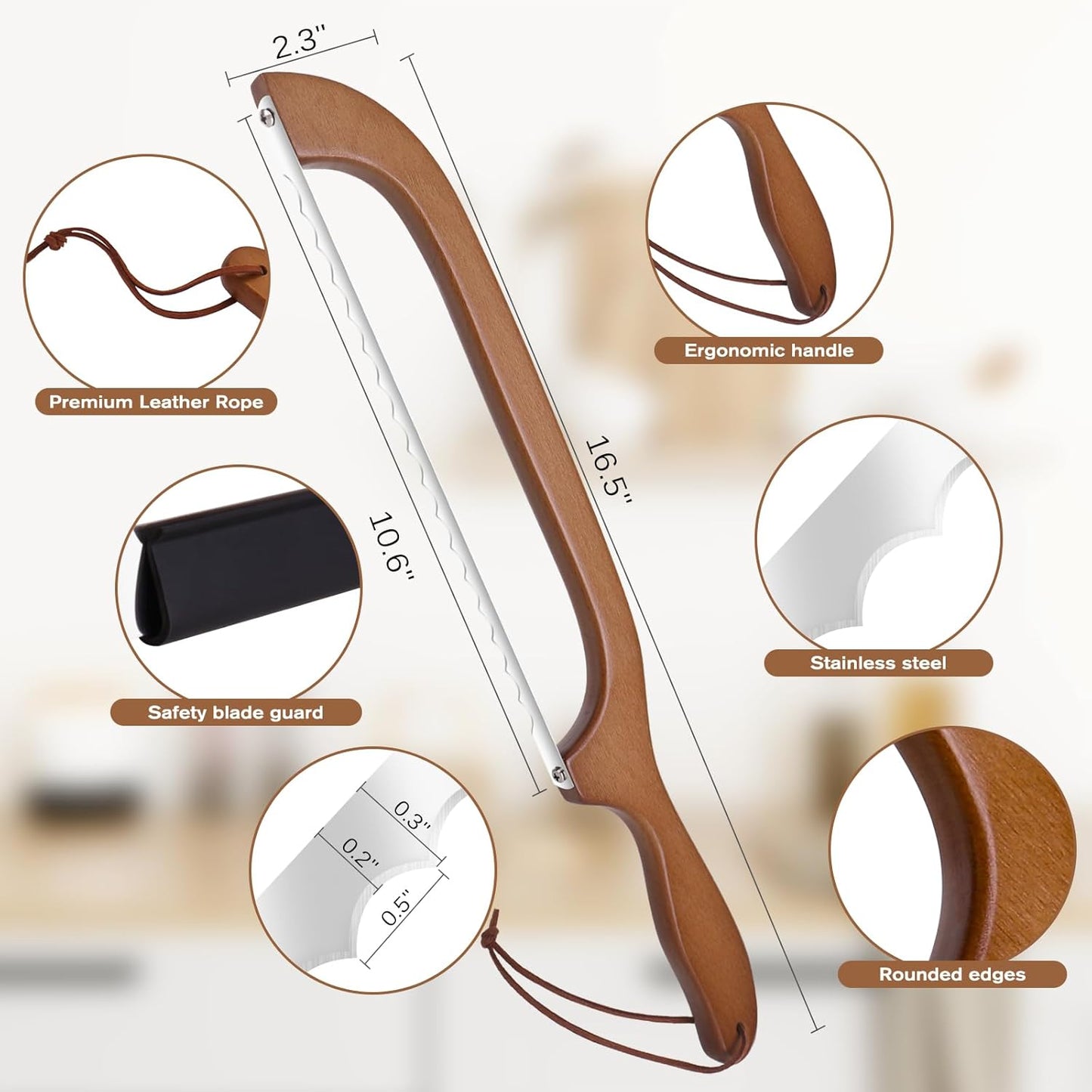 Woodever Sourdough Bread Knife for Both Right and Left Handed Use, 16" Bread Slicer for Homemade Bread, Premium Stainless Steel Serrated Saw Bread Cutter for Bagels, Baguettes (BROWN)