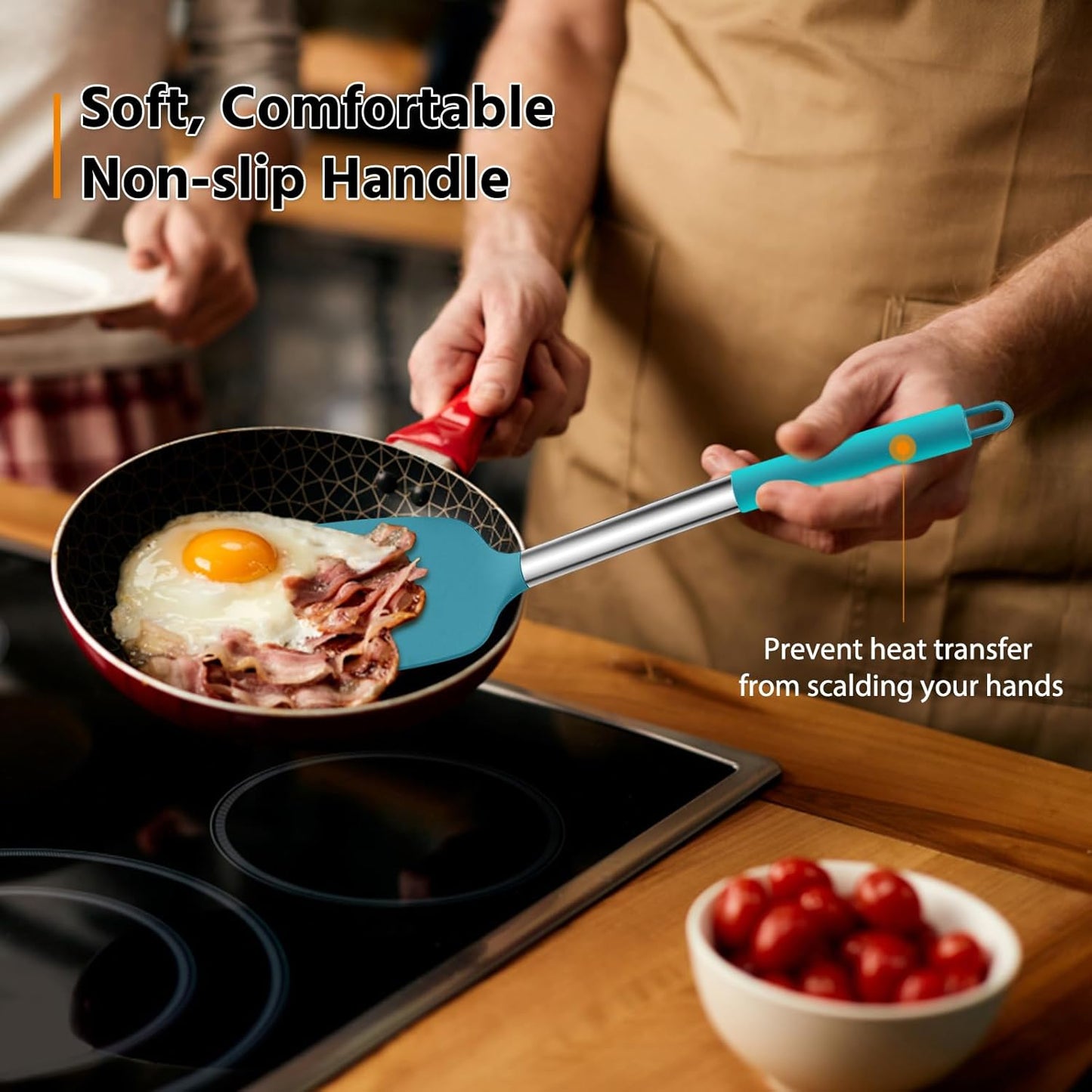 Silicone Spatula Set of 2, E-far Solid & Slotted Turner for Nonstick Cookware, Heat Resistant Rubber Kitchen Cooking Utensils for Flipping Fish Pancake Egg - Teal Blue