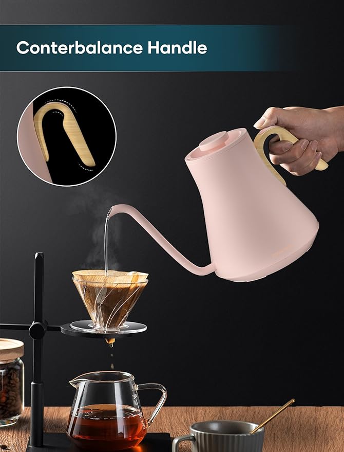 Gooseneck Electric Kettle with ±1℉ Temperature Control for Pour Over Coffee & Tea, Quick Heating, BPA-Free Stainless Steel, Built-in Brew Timer, 1500W/0.9L (Petal Pink)