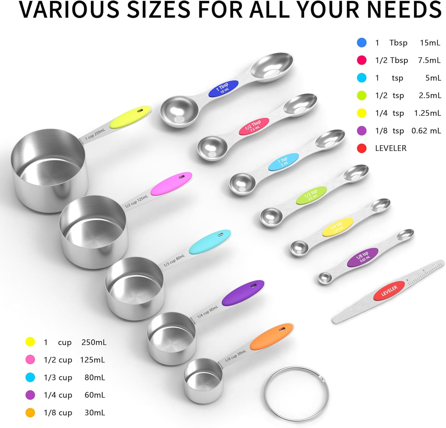 TILUCK measuring cups and magnetic measuring spoons set, stainless steel measuring cups, 6 double-sided stainless steel measuring spoons & 1 leveler (12)