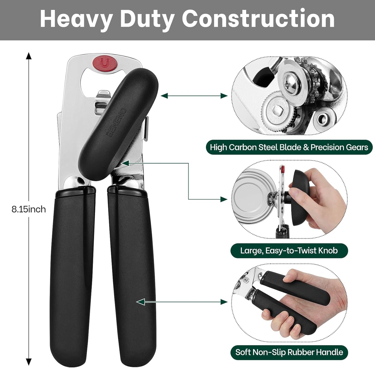 Beneno Heavy Duty Multifunctional Manual Can Opener and Bottle Opener with Magnet, Ultra Sharp High-Carbon Steel Smooth Cutting Blade, Ergonomic Easy to Turn Knob, Soft Non-Slip Rubber Handles, Black