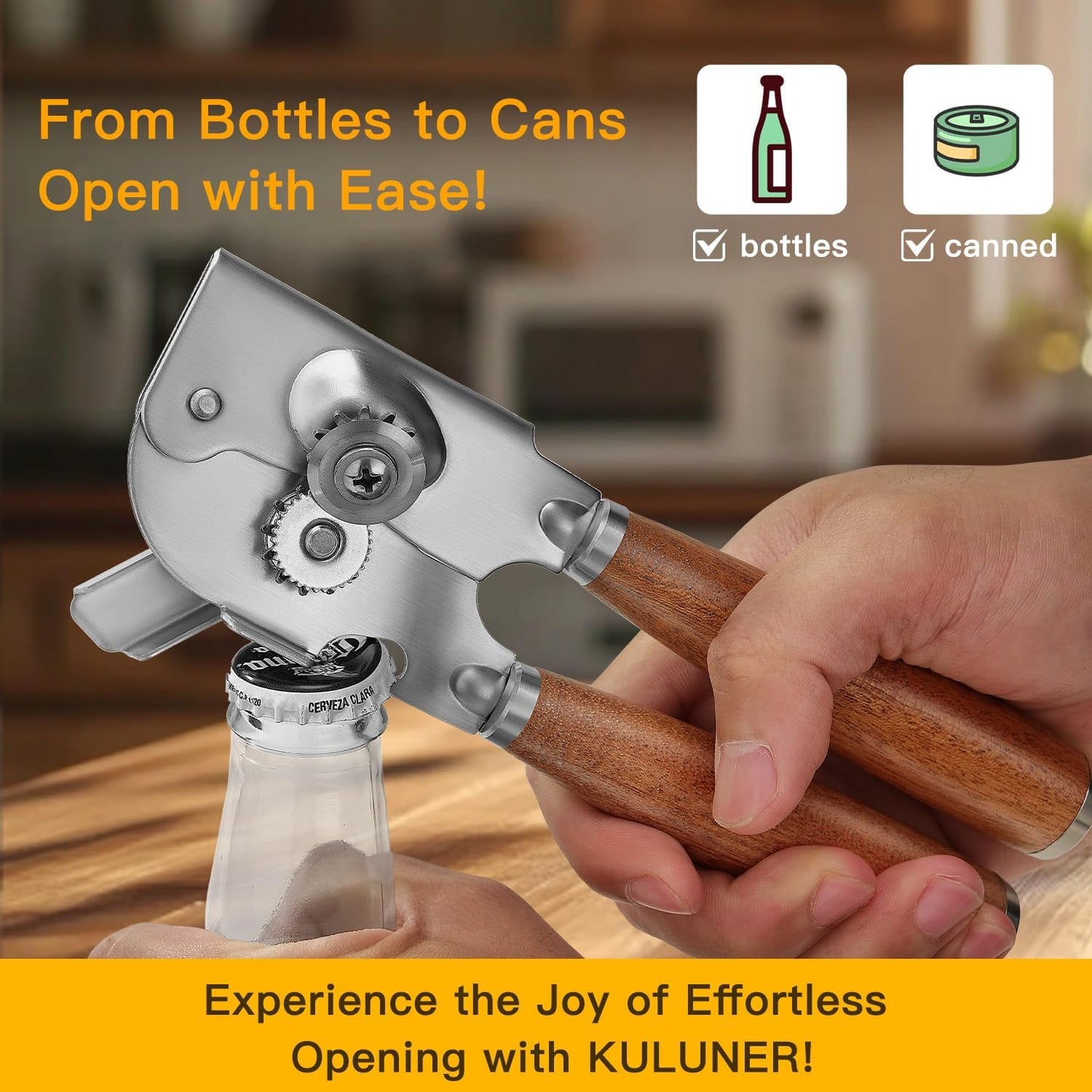 Upgraded Efficient Manual Can Opener - Selected Solid Wood Handle, Sharp and Smooth Blade Edge, Portable Design, Easy-Open Large Knob, Versatile for Various Bottle Caps(Aosuan)