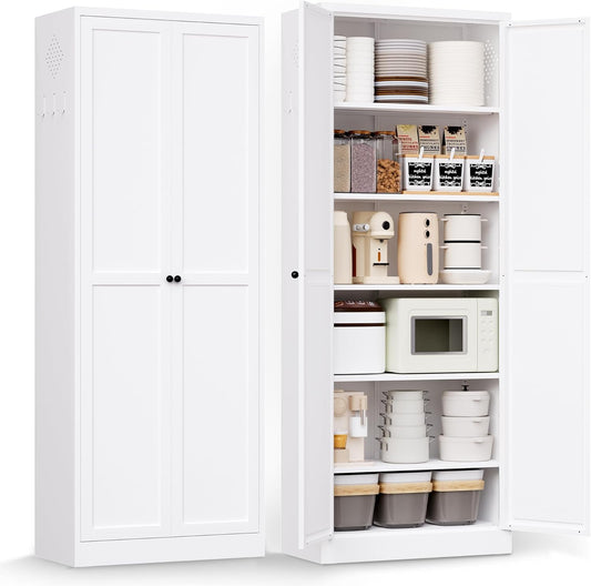 AQY Kitchen Pantry Cabinet,72" White Pantry Storage Cabinet with 5 Tier Adjustable Shelves and 2 Doors,Freestanding Cupboard,Metal Pantry Cabinets with Handle for Living Room Kitchen Assembly Required