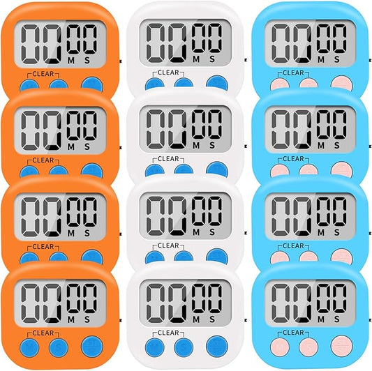 12 Pack Small Digital Kitchen Timer Magnetic Back and ON/Off Switch,Minute Second Count Up Countdown（White,Blue,Orange