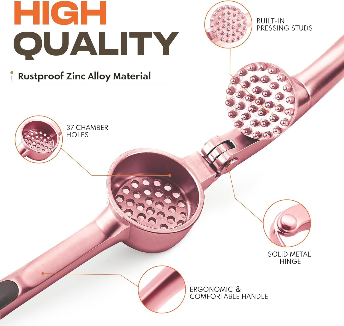 Kitchen Garlic Press, Rust Proof & Dishwasher Safe Garlic Mincer, Durable Garlic Crusher Set with Peeler＆Brush, Easy to Clean and Squeeze, Rose