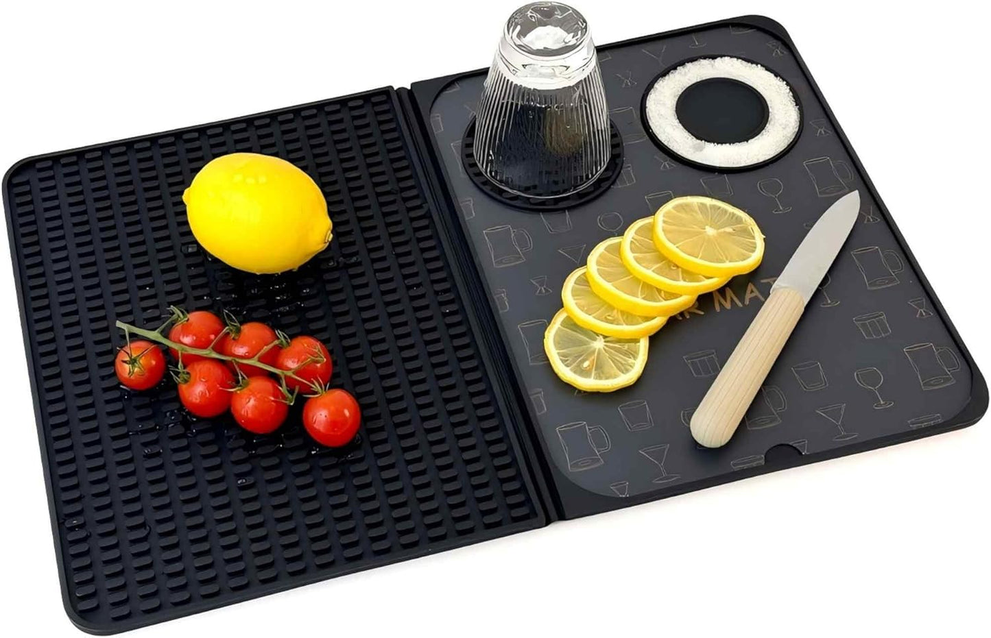 Bar Mat, Bar Accessories, Multifunctional Folding Cocktail Mat with Cutting Board, 18" X 12"(Black) Drying Mats,Bar Mat for Countertop,Bar Decorations for Home, Outdoor Bar Accessories,Travel