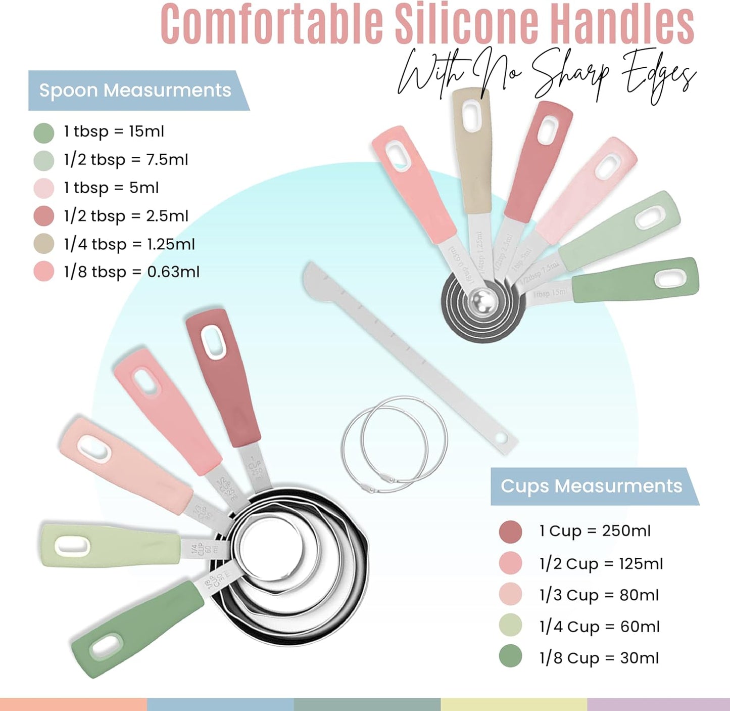 Nextop 14-Piece Stainless Steel Measuring Cups and Measuring Spoons Set with All Stackable Sizes and Leveler for Dry Ingredients, Complete Set for Kitchen & Baking Measuring Tools (Peach Set)