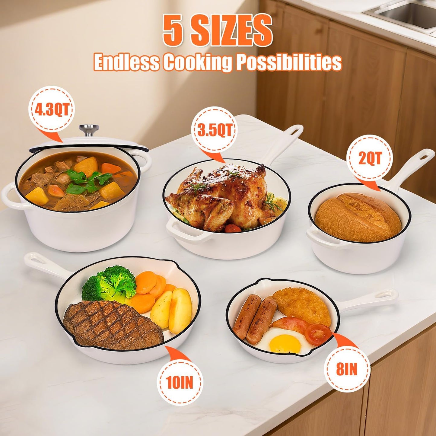 QuliMetal Nonstick Enameled Cast Iron Cookware Set, 5 Pcs Pots and Pans with Lid, Skillet, Frying Pan, Saucepan & Dutch Oven for All Stovetops, PFA Free - Ideal for Sourdough Bread Baking