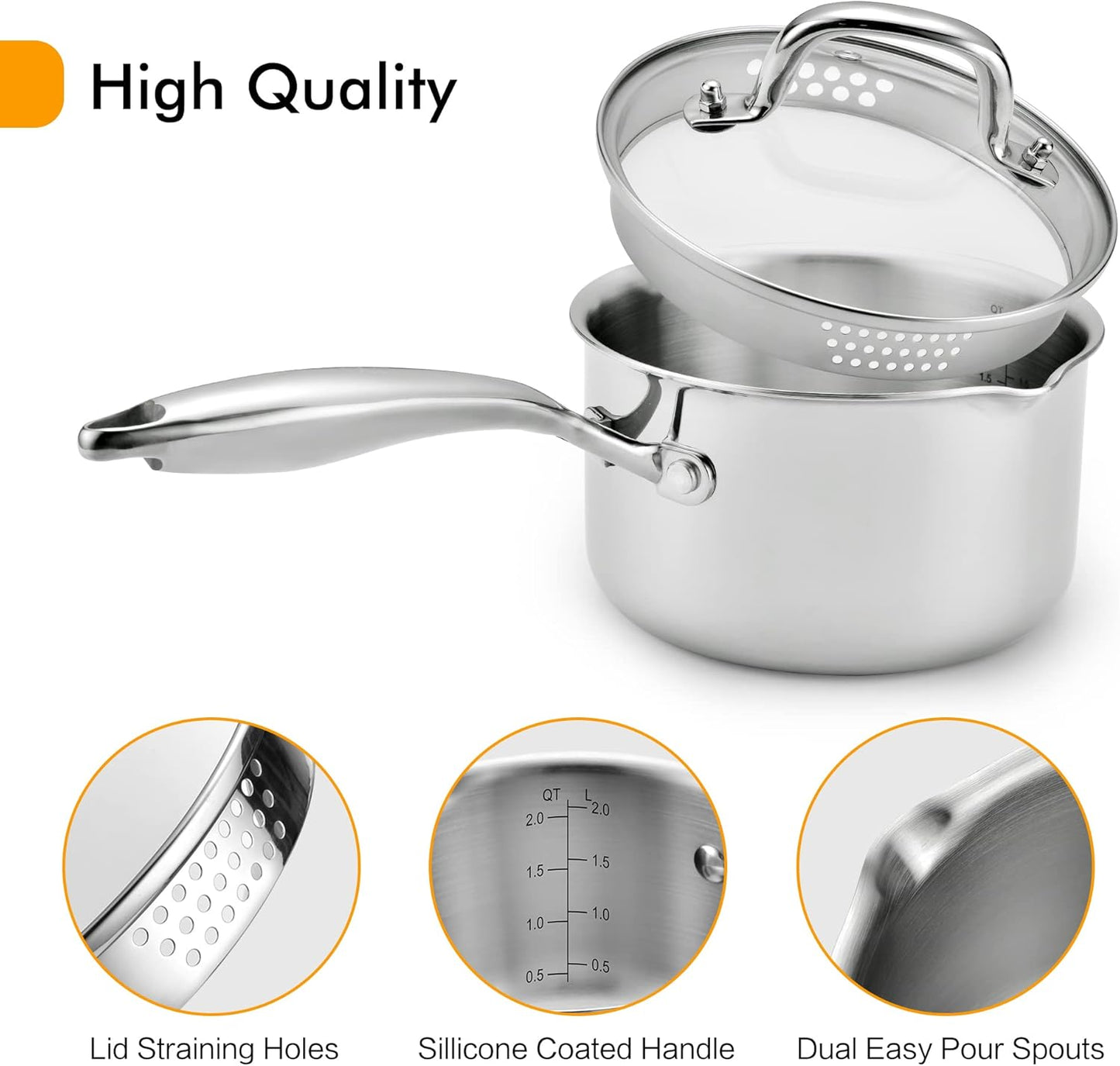 Stainless Steel Saucepan with Glass Lid, 3.5 Quart Multipurpose Sauce Pan, Sauce Pot - for Easy Pour with Ergonomic Handle