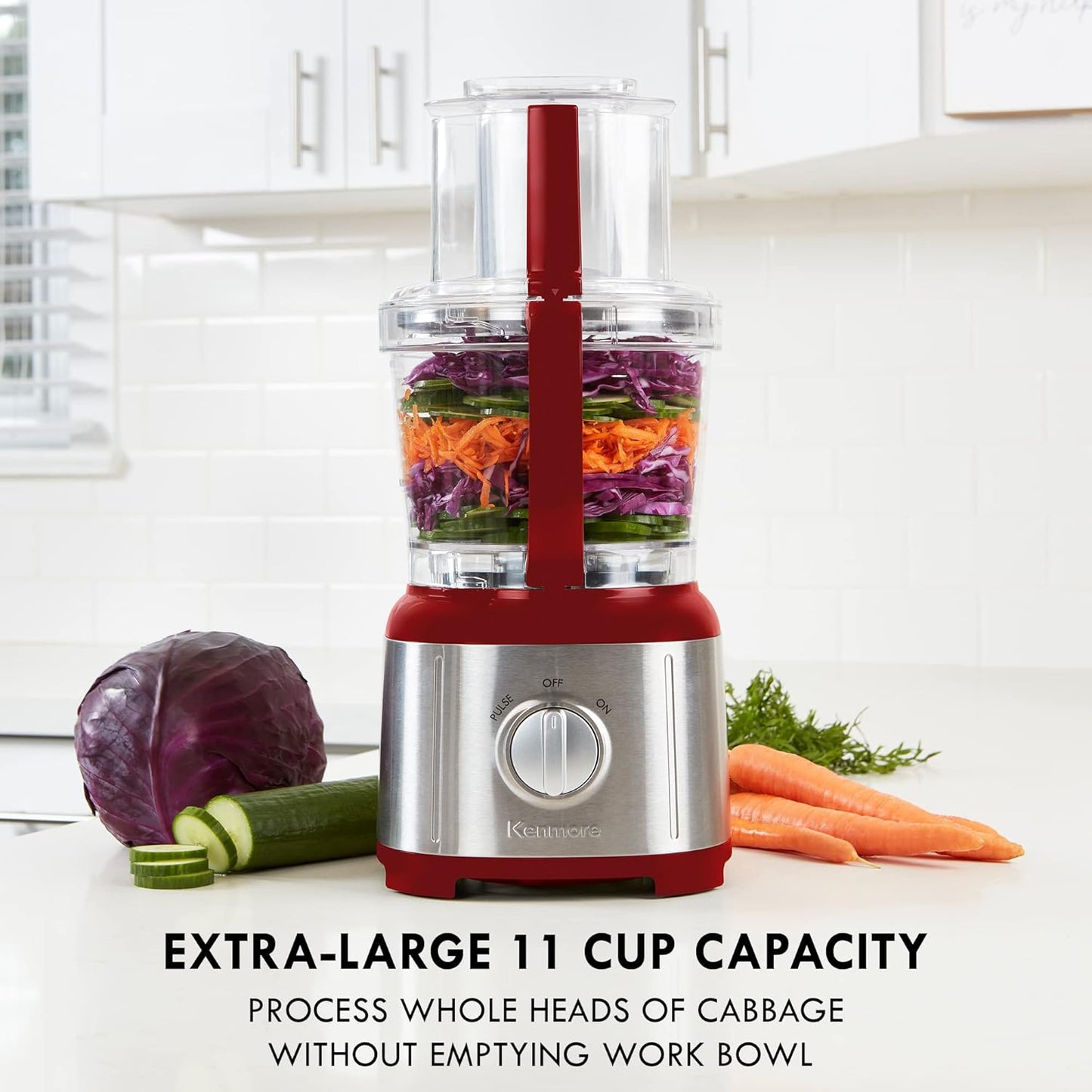 Kenmore 11 Cup Food Processor - Vegetable & Fruit Salad Cutter, Multifunctional, 500 W, Chopper, Clicer, Mincer, Puree, Grater, Blades, Shredder, Compact Stainless Steel Kitchen Appliances, Red