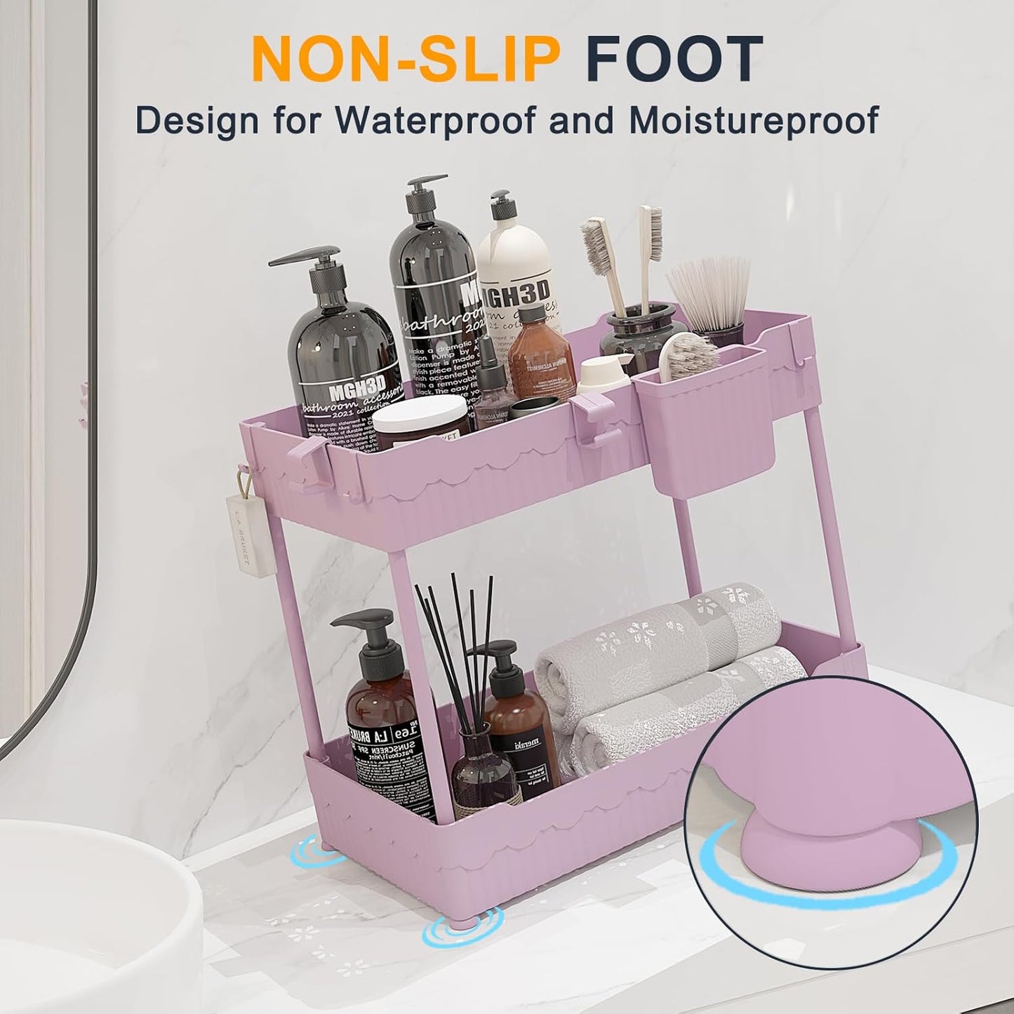 2 Pack Under Sink Organizer, Under Bathroom Cabinet Organizer with Hooks Hanging Cup, Multi-Purpose Storage Shelf for Kitchen Bathroom (Pink, L)