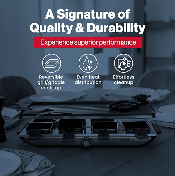 Swissmar Geneva Raclette Grill with Reversible Cast Aluminum Grill Top - Perfect for outdoor & Indoor Electric Raclette Grill & Griller - Barbeque Bonding - 8-Person