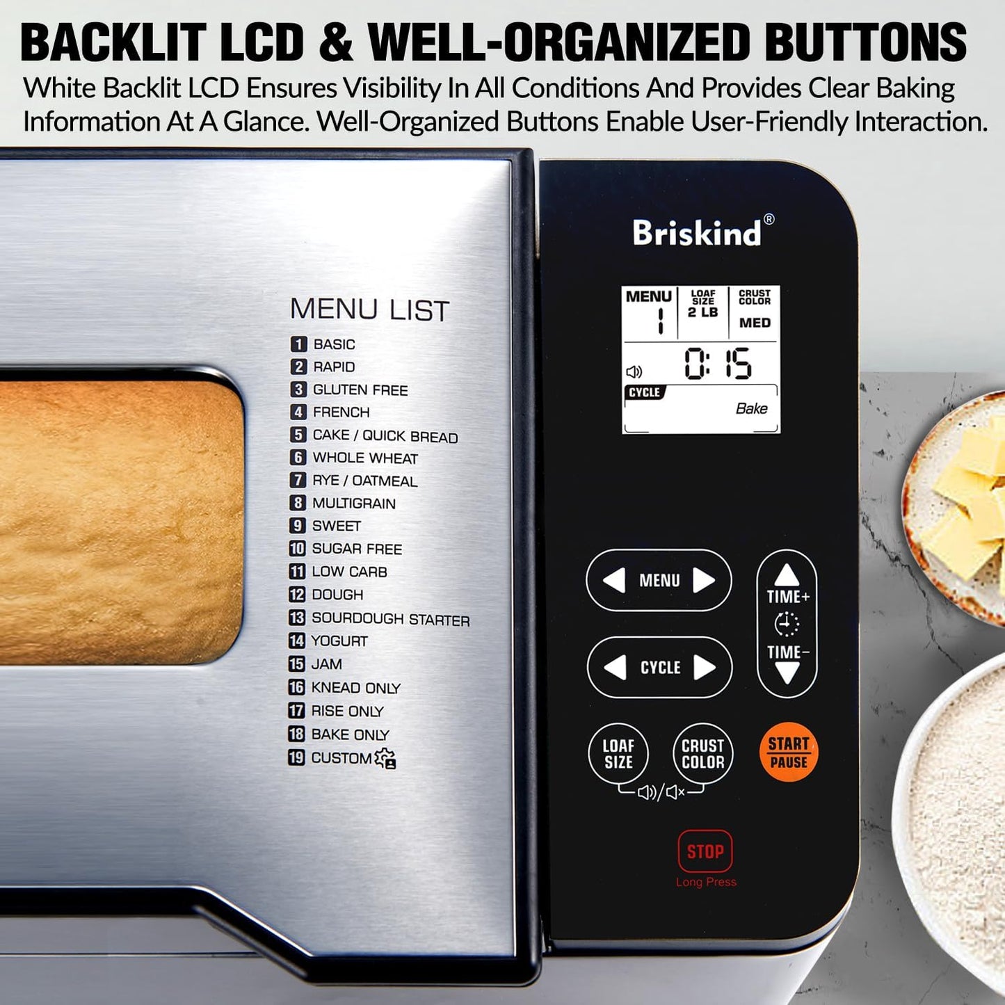 Bread Maker Machine with Ceramic Nonstick Pan, 19 Menus, 2 Pound Stainless Steel Breadmaker with Glass Touch Panel, Gluten Free, Sourdough Starter, Custom Setting, 3 Loaf Sizes & Crust Colors