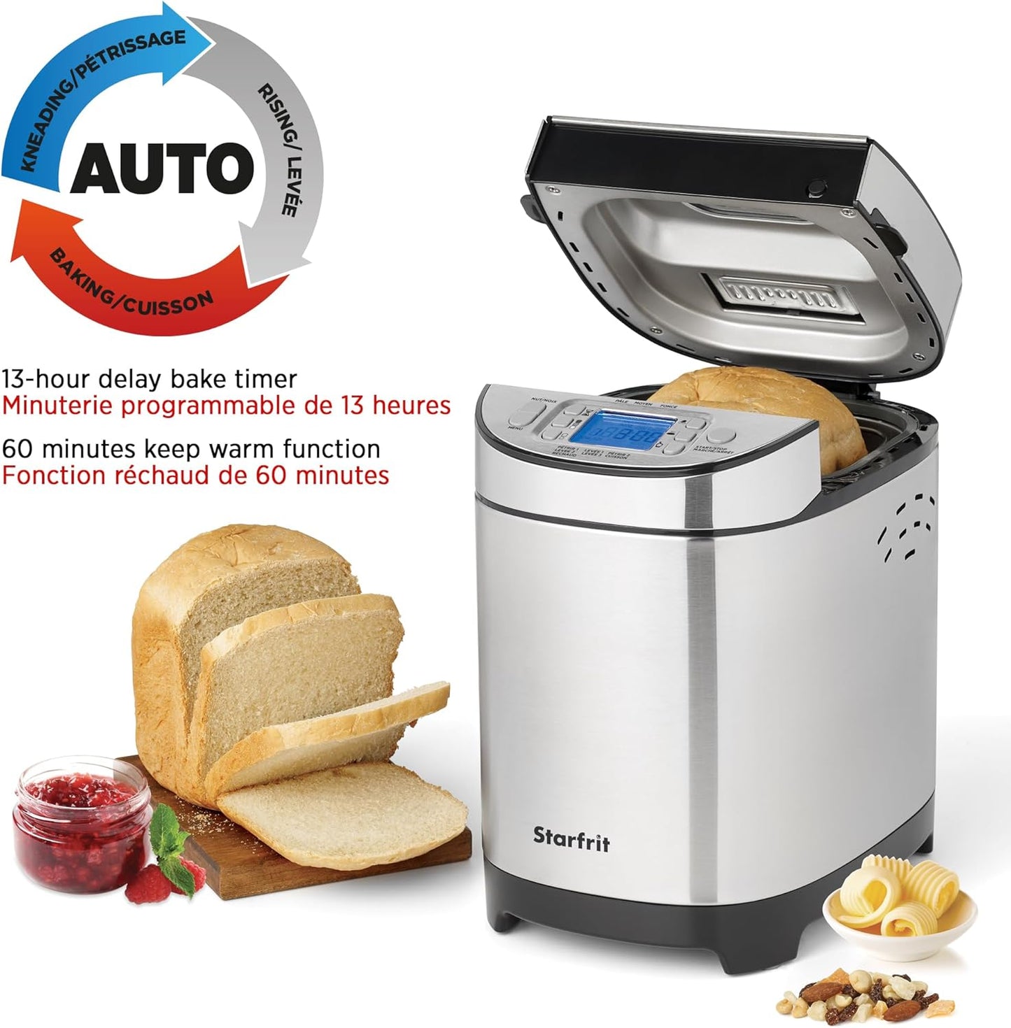 Starfrit Electric Bread Maker - 2lb Loafs - Non-Stick Removable Pan - Automatic Nut Dispenser - 13 Preset Programs - 550W