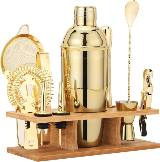 Shakers Bartending, 11Pcs-Cocktail Shaker Set Gold Drink Mixer with 25oz Martini Shaker,Muddler,Bar Spoon and More Professional for Home and Bartender.(Gold)