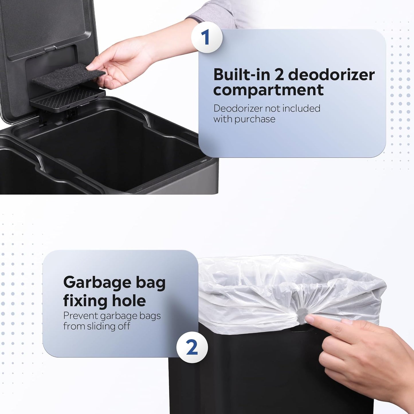 WLIVE 2 x 8 Gallon Dual Compartment Trash Can Stainless Steel, Pet-Proof Double Garbage Can Kitchen with Lid, Inner Buckets and Deodorizing Filter Box, Trash and Recycle Bin Combo, Silver