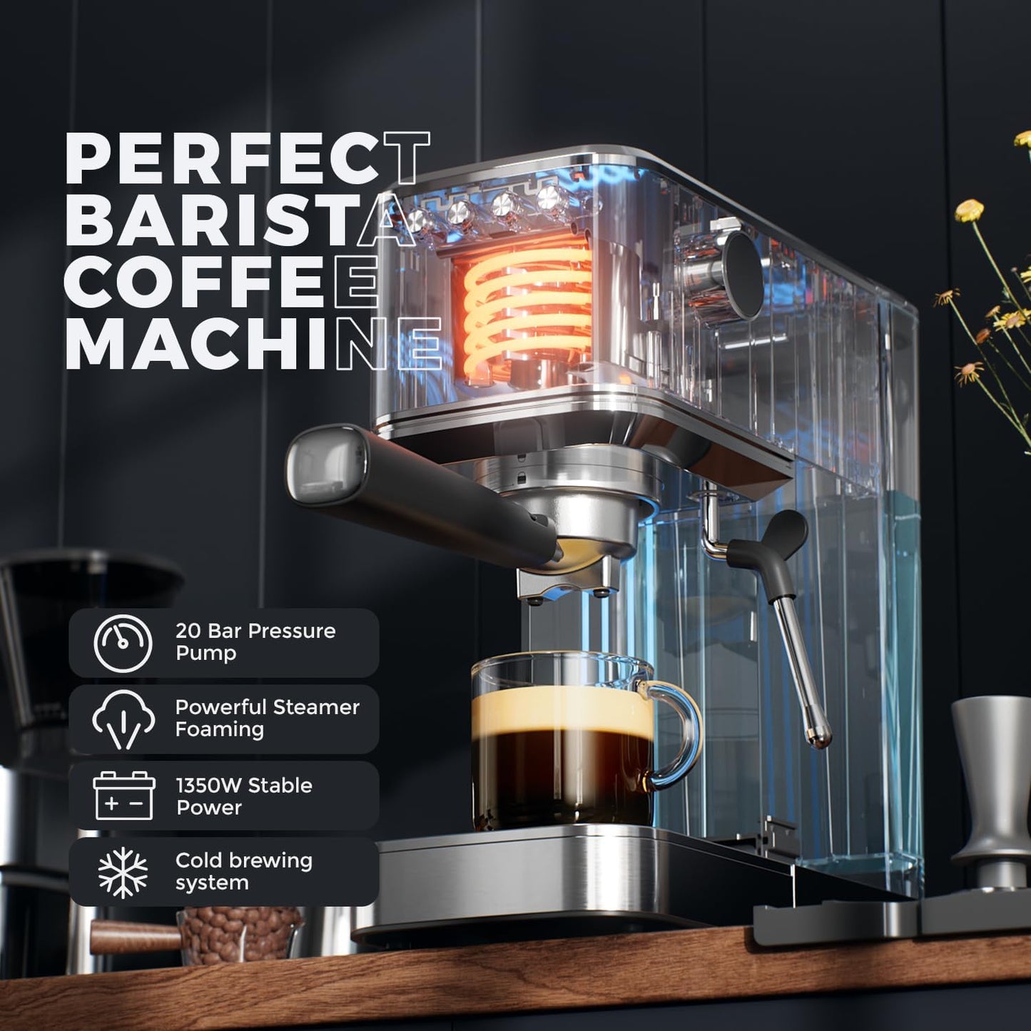 Espresso Machine with Rapid Cold Brew, Hot & Iced Coffee Machine, Espresso Maker with Milk Frother Steam Wand, One Touch Control with 41oz Water Tank for Latte, Cappuccino, Gift
