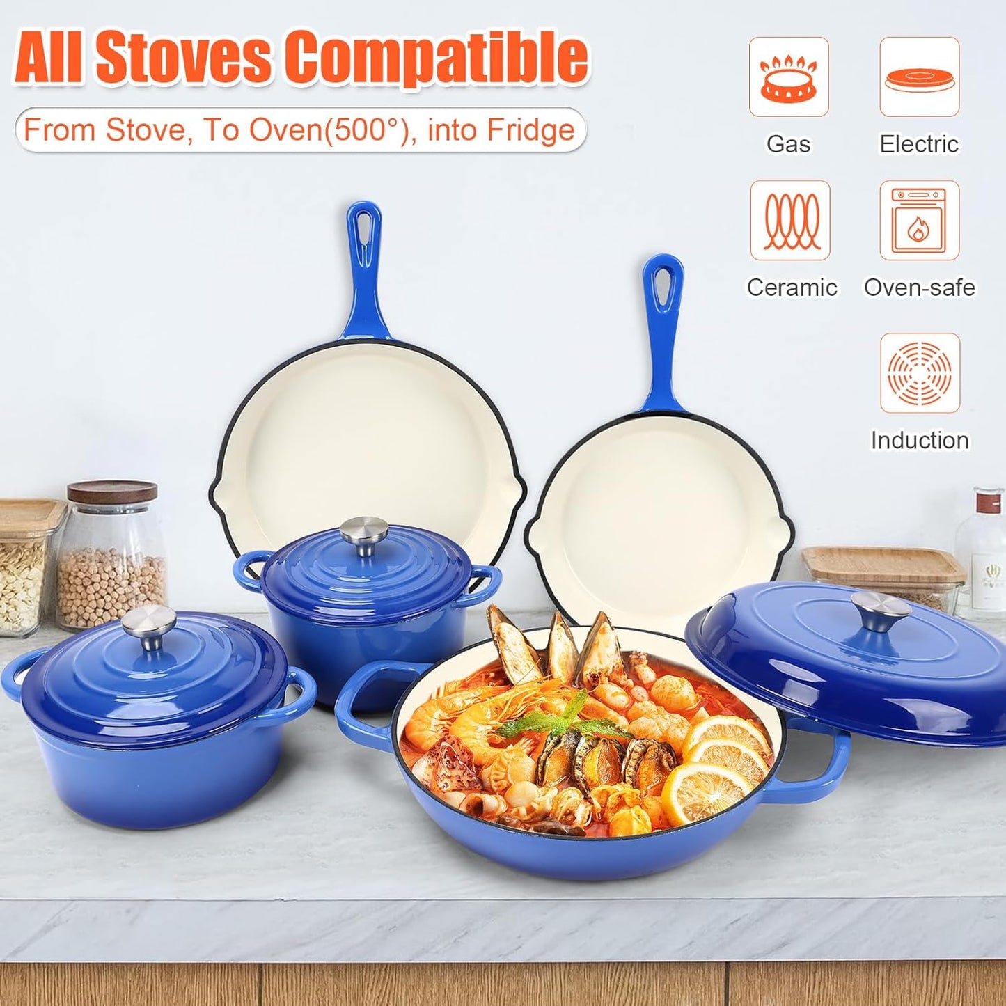 Nonstick Enameled Cast Iron Cookware Set - 8 Piece Pots and Pans with Lid, Frying Pan, Skillet, Dutch Oven Set for All Stovetops, Ideal for Sourdough Bread Baking, Comes with Organizer, Cobalt Blue