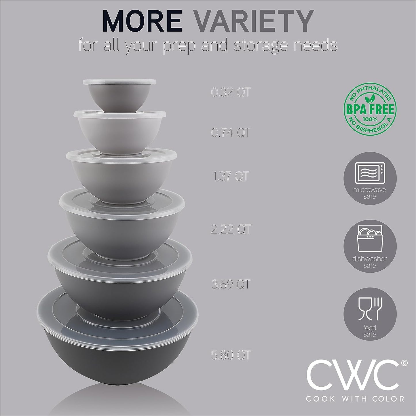 COOK WITH COLOR Plastic Nesting Mixing Bowls Set - 12 Piece includes 6 Prep Bowls and 6 Lids, Microwave Safe (Gray Ombre)