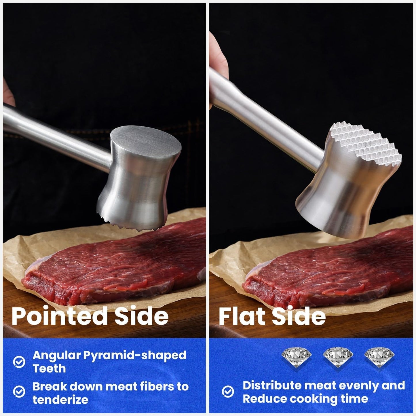 304 Stainless Steel Meat Tenderizer Mallet, Dual Side Meat Hammer Chicken Pounder, Heavy Duty Meat Beater for Steak and Beef, Meat Pounder Kitchen Cooking Mallet Dishwasher Safe