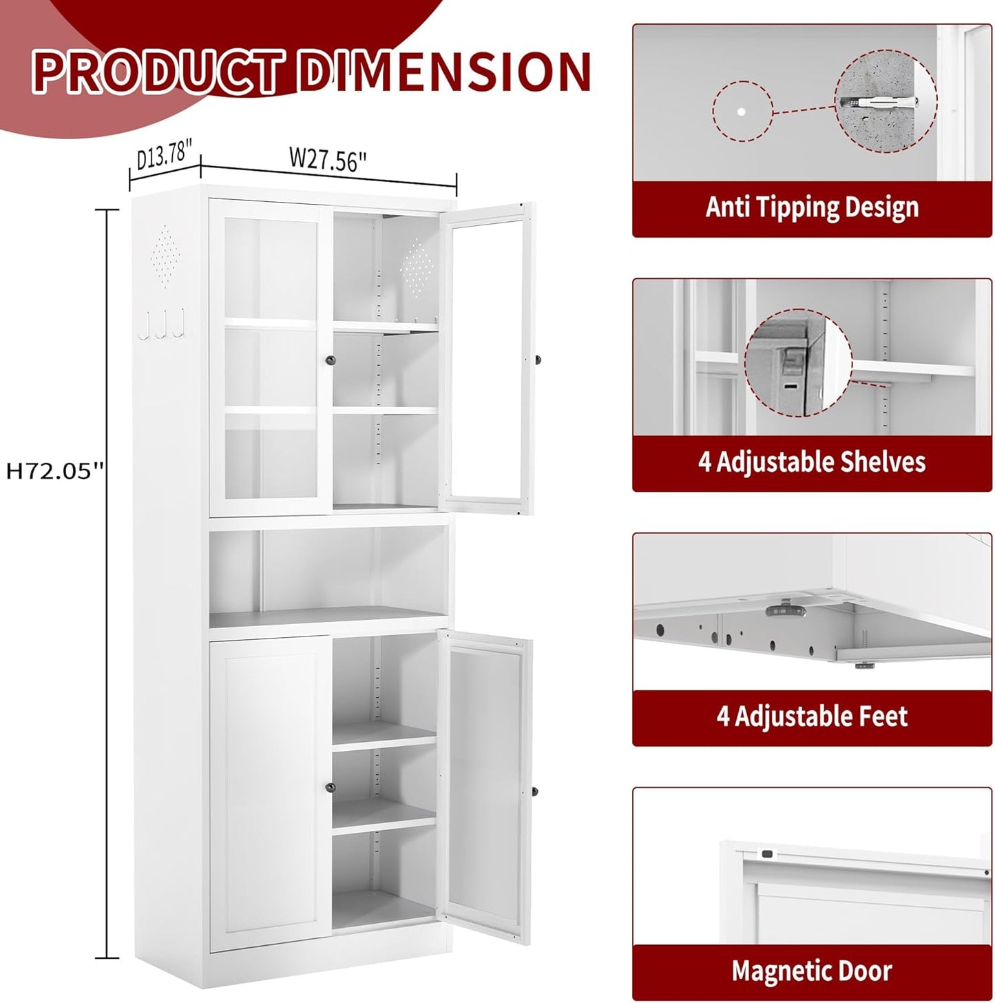 AQY Kitchen Pantry Cabinet,72" White Pantry Storage Cabinet with Adjustable Shelves and Glass Doors,Freestanding Cupboard,Metal Pantry Cabinets with Handle for Living Room Kitchen Assembly Required