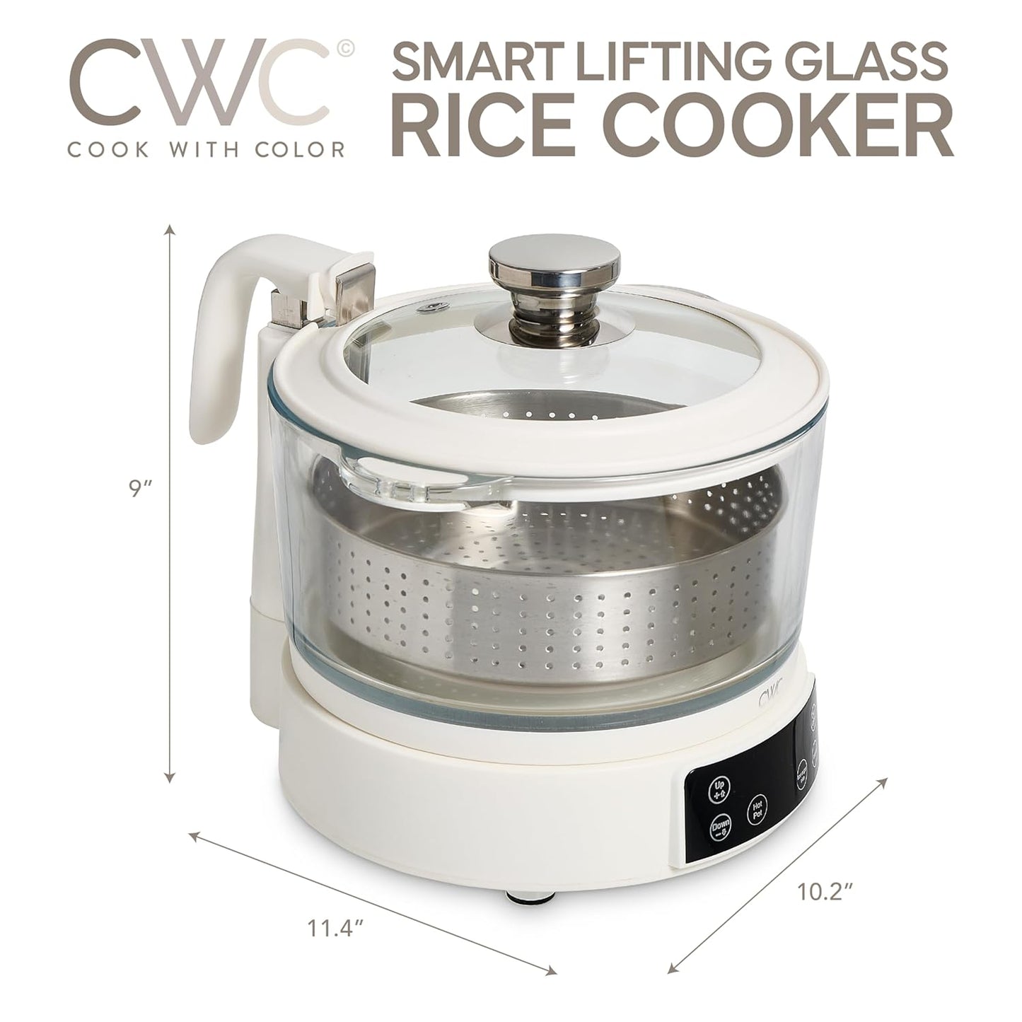 COOK WITH COLOR 3L Glass Low Carb Rice Cooker - Makes 6 Cups Cooked Low Sugar Rice with Auto Lift Filter Basket, Hotpot & Steamer for Rice, Grains and Oats, Digital Panel with Keep Warm, Cream