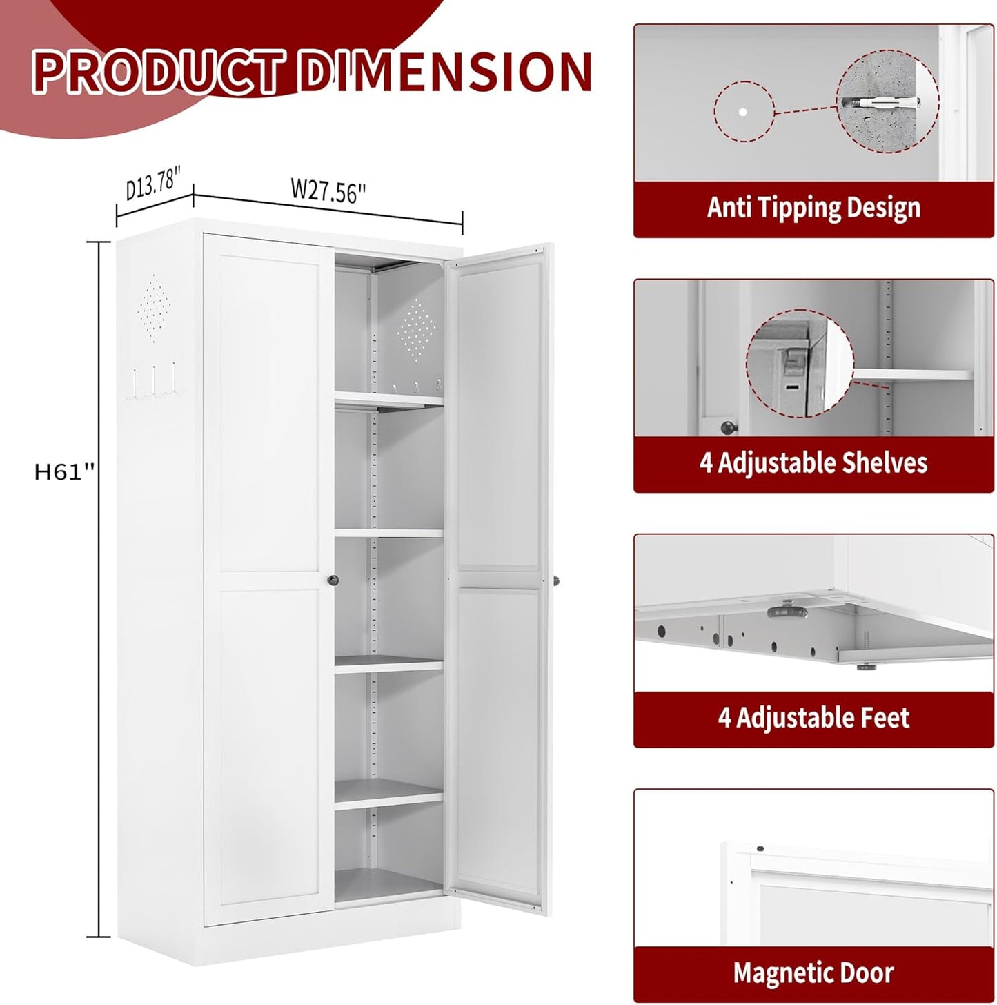 AQY Kitchen Pantry Cabinet,61" White Pantry Storage Cabinet with 4 Tier Adjustable Shelves and 2 Doors,Freestanding Cupboard,Metal Pantry Cabinets with Handle for Living Room Kitchen Assembly Required