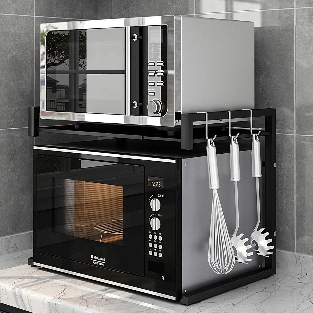 PUSDON Adjustable Carbon Steel Microwave Oven Rack, 2-Tier with 3 Hooks, 55lbs Weight Capacity, Black