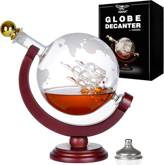 PONPUR Whiskey Globe Decanter, Gifts for Men Dad Him Stocking Stuffers, Anniversary Birthday Gift for Husband Boyfriend Brother Grandpa, Unique Housewarming Presents Whisky Bourbon Decanter, 1000ml